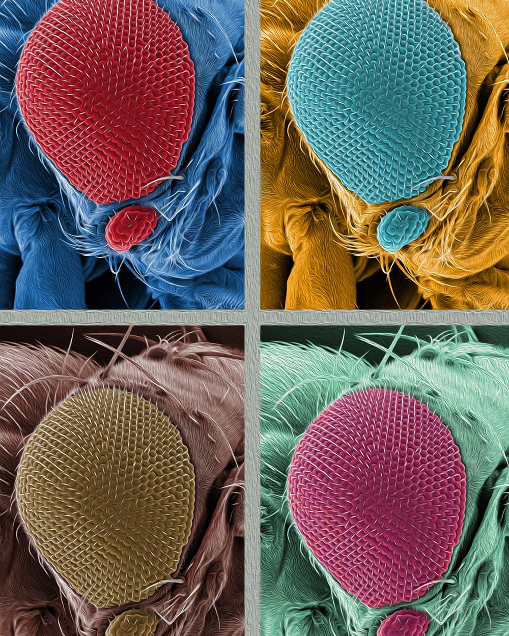 zoom in on a fly eye in 4 colors