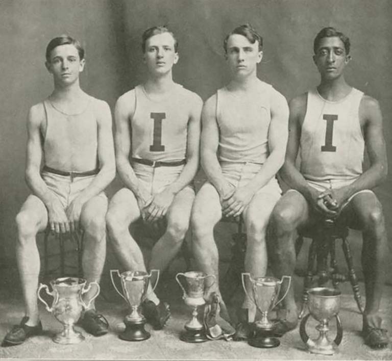 1906 IU track relay team members; Fred Seward is second from left. Photo from IU Archives (image #P0030288).
