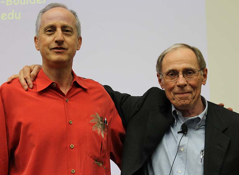 Jeff Palmer and Norm Pace at inaugural Normal R. Pace Lecture in Myers Hall 130 on the Indiana University Bloomington campus on May 7, 2018.