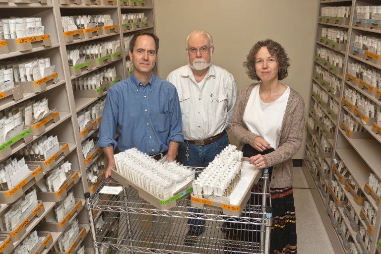 IU Distinguished Professor Thomas Kaufman, center, is co-director of the IU Drosophila Stock Center. Kevin Cook, left, is director of collections management. Kim Cook, right, is laboratory manager. Kaufman also serves as director of the IU FlyBase facility.