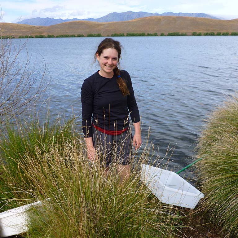 Mandy Gibson collecting snails at Lake Alexandrina in New Zealand.