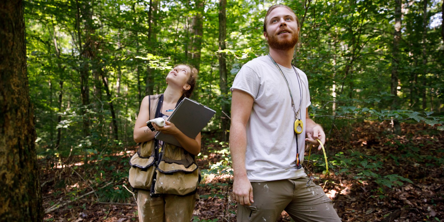 IU forest ecology technicians Aubree Keurajian and Matthias Gaffney at Lilly-Dickey Woods.