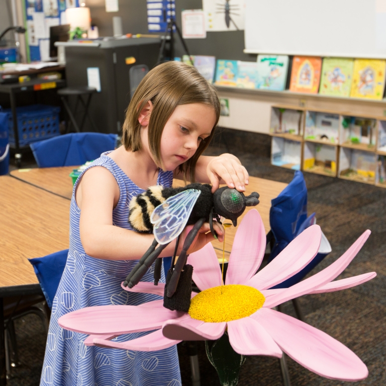 A first-grader at Clear Creek Elementary presses a bee-shaped puppet against a sensor in the form of a large pink daisy.