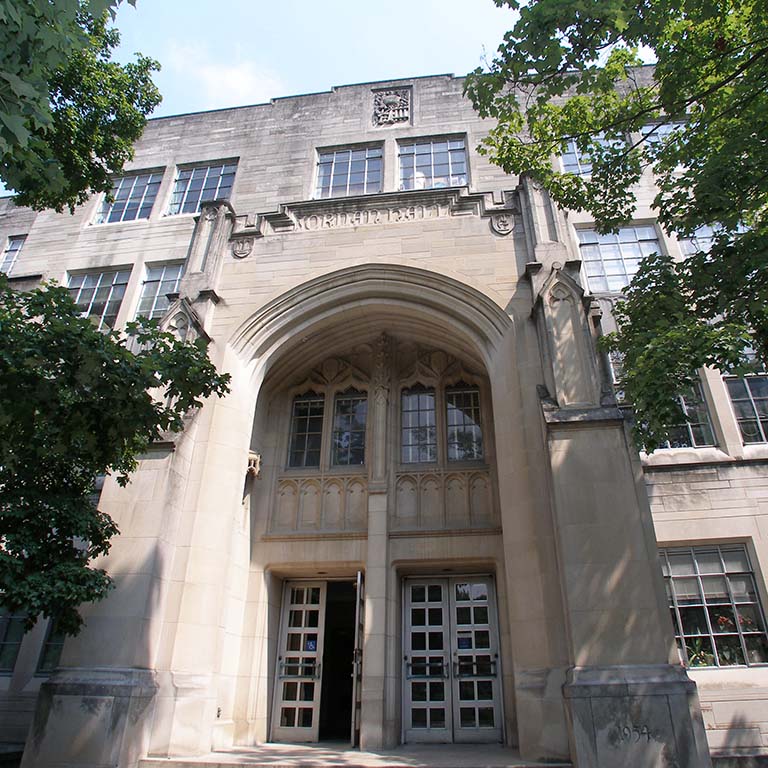 South entrance of Jordan Hall on the Indiana University Bloomington campus, 2005.