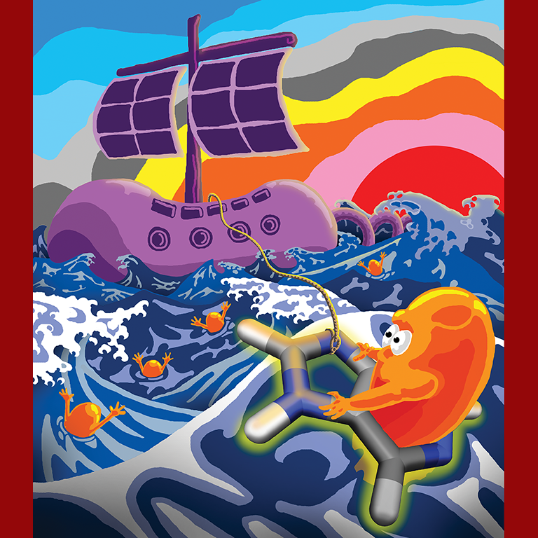 Image from the cover of Applied and Environmental Microbiology (AEM) journal July 2020, Vol 86, No 13. The cover image is a colorful drawing that serves as an analogy for the discovery of unexpected purine cross-feeding from Rhodopseudomonas palustris to Escherichia coli through transposon sequencing in a mutualistic coculture, as captioned in AEM “Among a library of E. coli transposon mutants, struggling to stay afloat in a tumultuous sea, an E. coli purine auxotroph is rescued by a purine life ring excreted by the solar-powered vessel, R. palustris."
