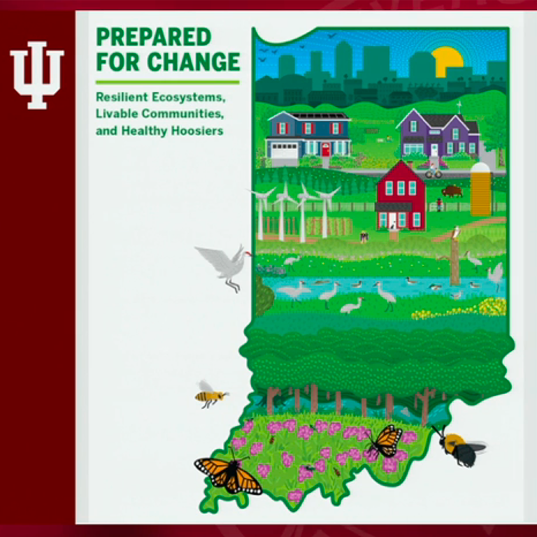 Prepared for Change:  Resilient ecosystems, livable communities, and health Hoosiers:  Indiana map outline filled with drawings of city scape, homes, farms, wetlands, wind energy farm, and birds, flowers, and butterflies.