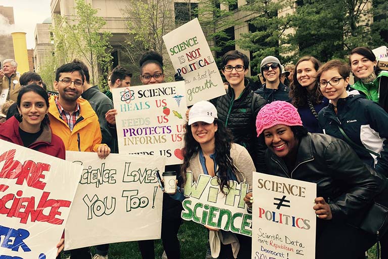 IU Biology students, researchers, and friends pose for a group picture at March for Science in Indianapolis on April 22, 2017.