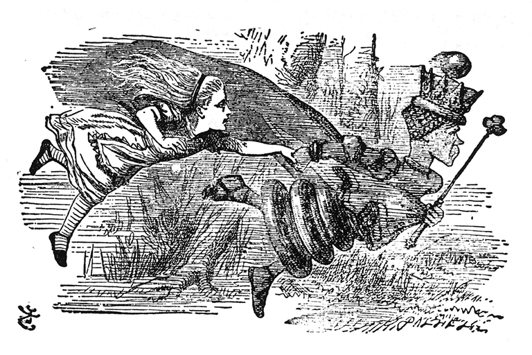 Sir John Tenniel's drawing of the Red Queen running, pulling Alice along with her.  From Lewis Carroll's book, Through the Looking Glass.