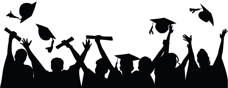 Silhouettes of students in graduation gowns, holding up diplomas and tossing graduation caps into the air in celebration.