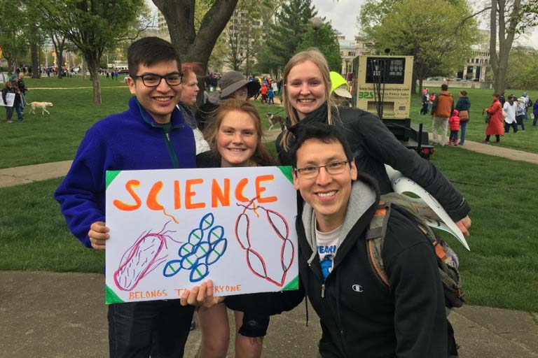  Jesús Bazán, Madeline Danforth, Britta Rued, and Amilcar Perez at the March for Science in Indianapolis in 2017.