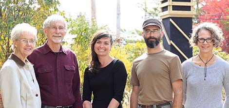 Left to right: Joan and Rob Hongen (Sassafras Audubon Society), Jessica Hite, Rusty Peterson (artisan who built the tower), and Karen Jepson-Innes (Associate Executive Director, WonderLab) pose in front of the newly erected swift tower at WonderLab museum in Bloomington, Indiana, October 2015. Photo by Eric Rudd, Indiana University